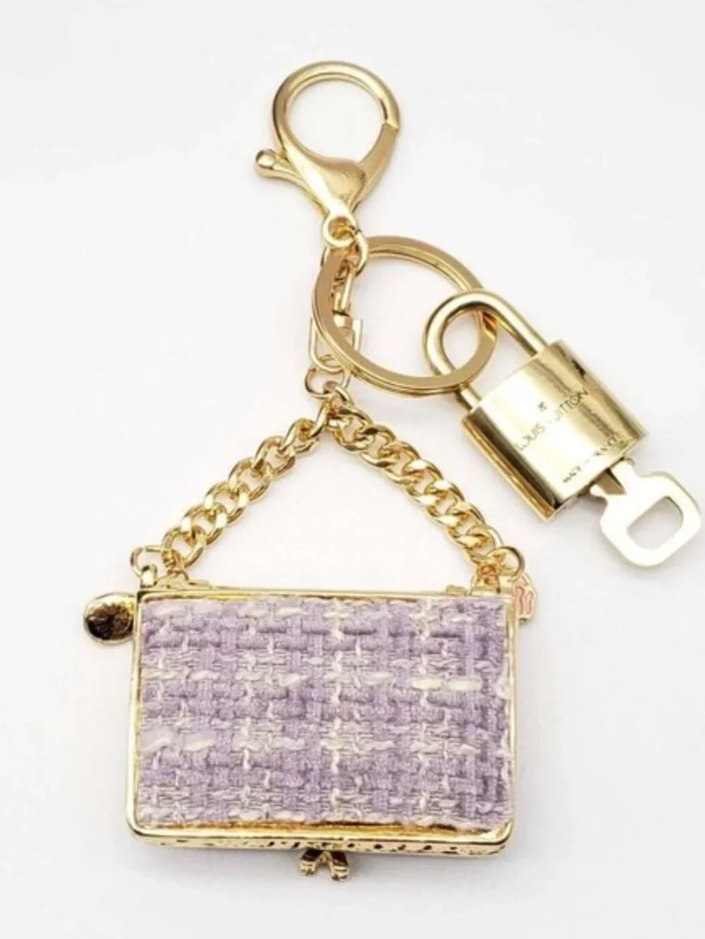LV Gold Padlock 🔑 Authentic Louis Vuitton Charm + Unbranded Tweed Bag Keychain
